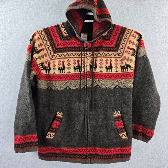 Tejidos Jacket Hoodie Womens Small Wool Llama Alpaca Aztec Print Sweater Ecuador - Picture 1 of 10